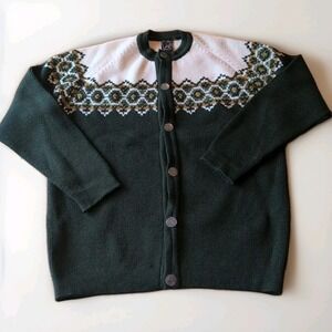 VTG AH Austria 100% Wool 1970's Buttons Hand Embroidery Green Sweater  XL